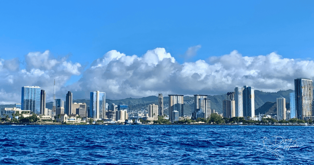 View of Waikiki from the boat while out scuba diving in Oahu