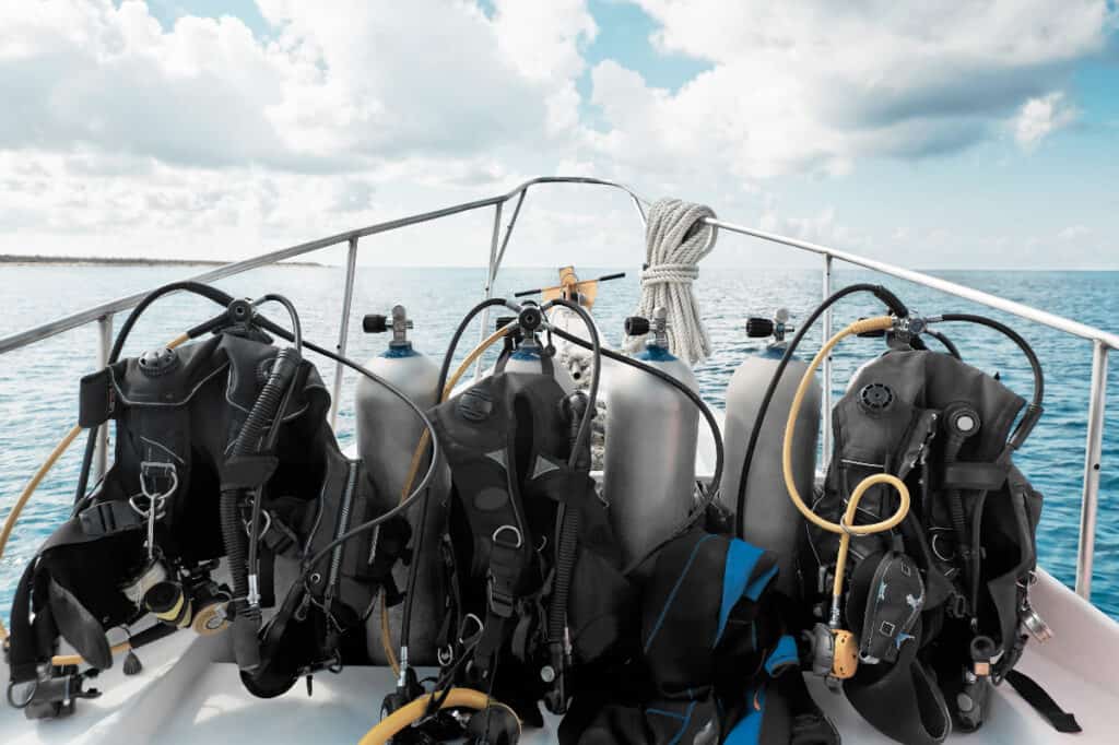 Scuba diving gear in a diving boat