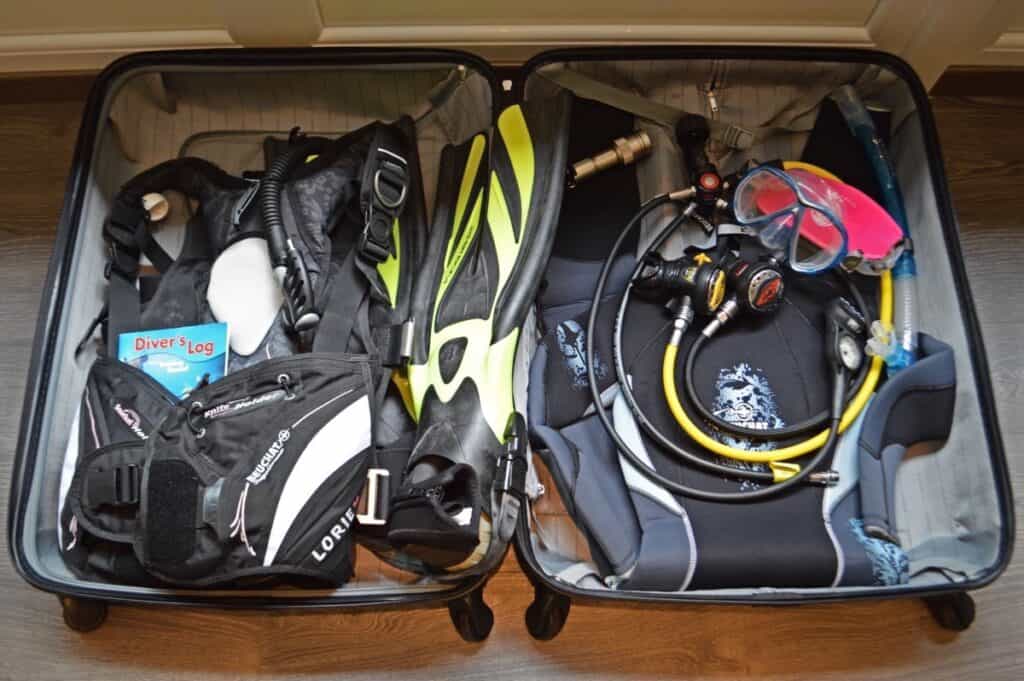 Diving gear of mine packed for dive travel